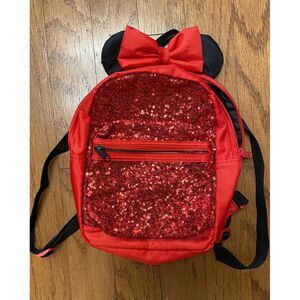 Disney Collection Red Black Sequined Minnie Mouse Mickey Ears Backpack EUC